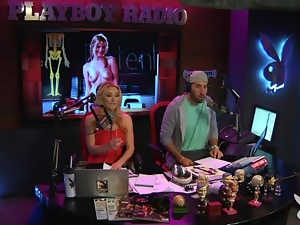 Topless blonde radio host chats with sexy chicks