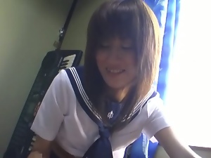 Asian schoolgirl train handjob
