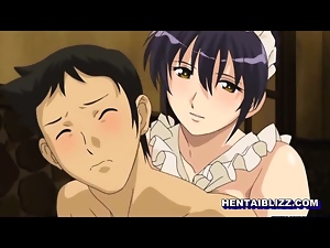 Japanese maid hentai virgin sucking dick and poking from beh