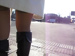 Girl Black Boots and Tan Stockings Upskirt