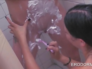College girls shaving each others twat in shower