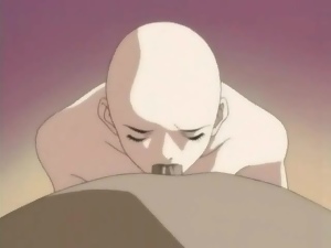 Muscular man served by his bald hentai slaves
